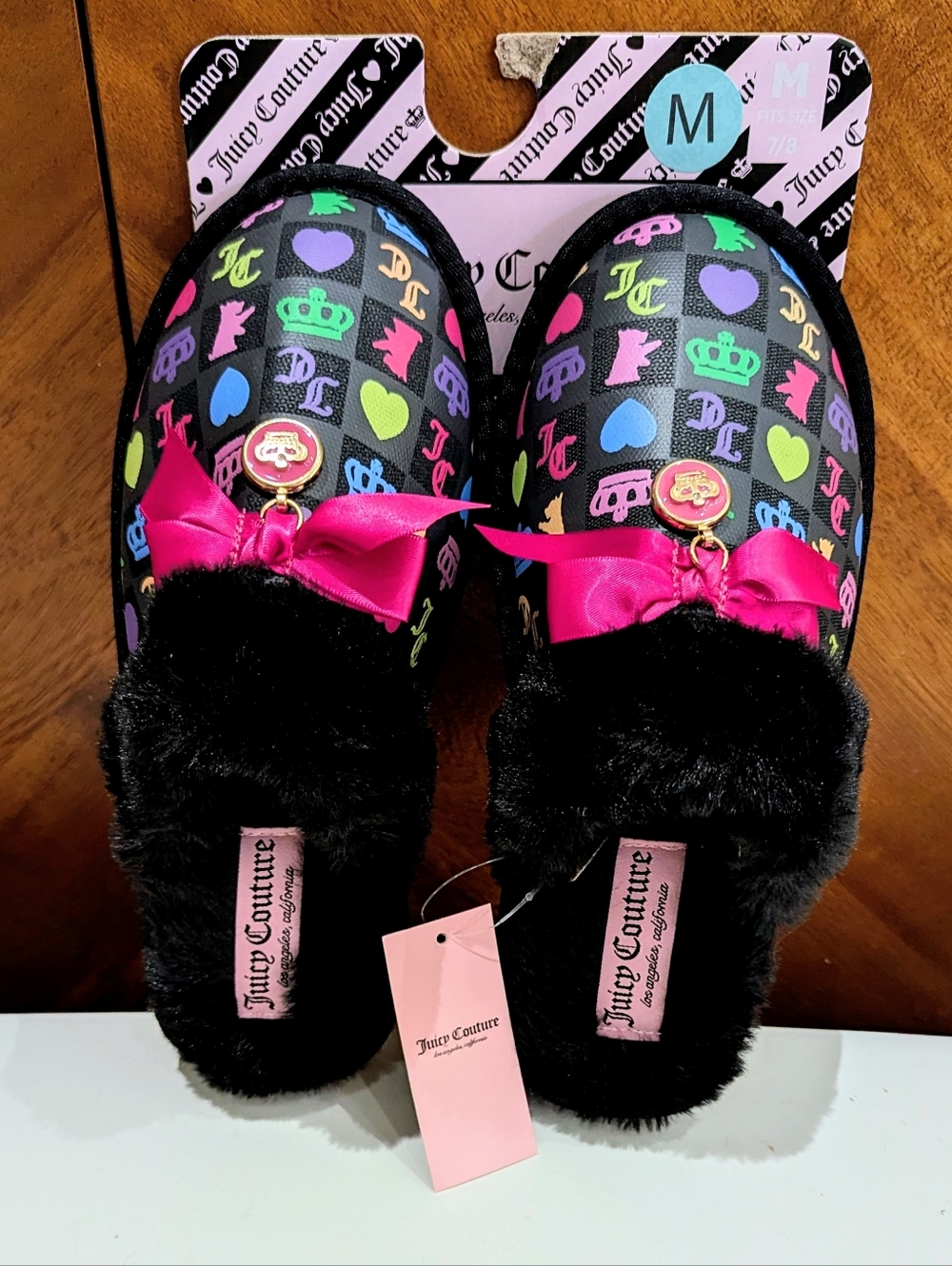 New JUICY COUTURE Checkered Icon Logo Retro House Slippers Slides M 7/8